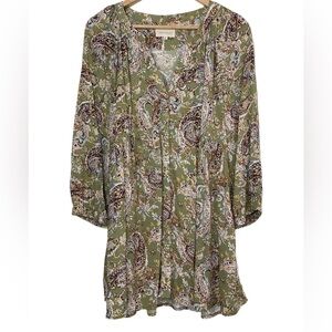 Melloday moss green & paisley long sleeve long tunic button up blouse